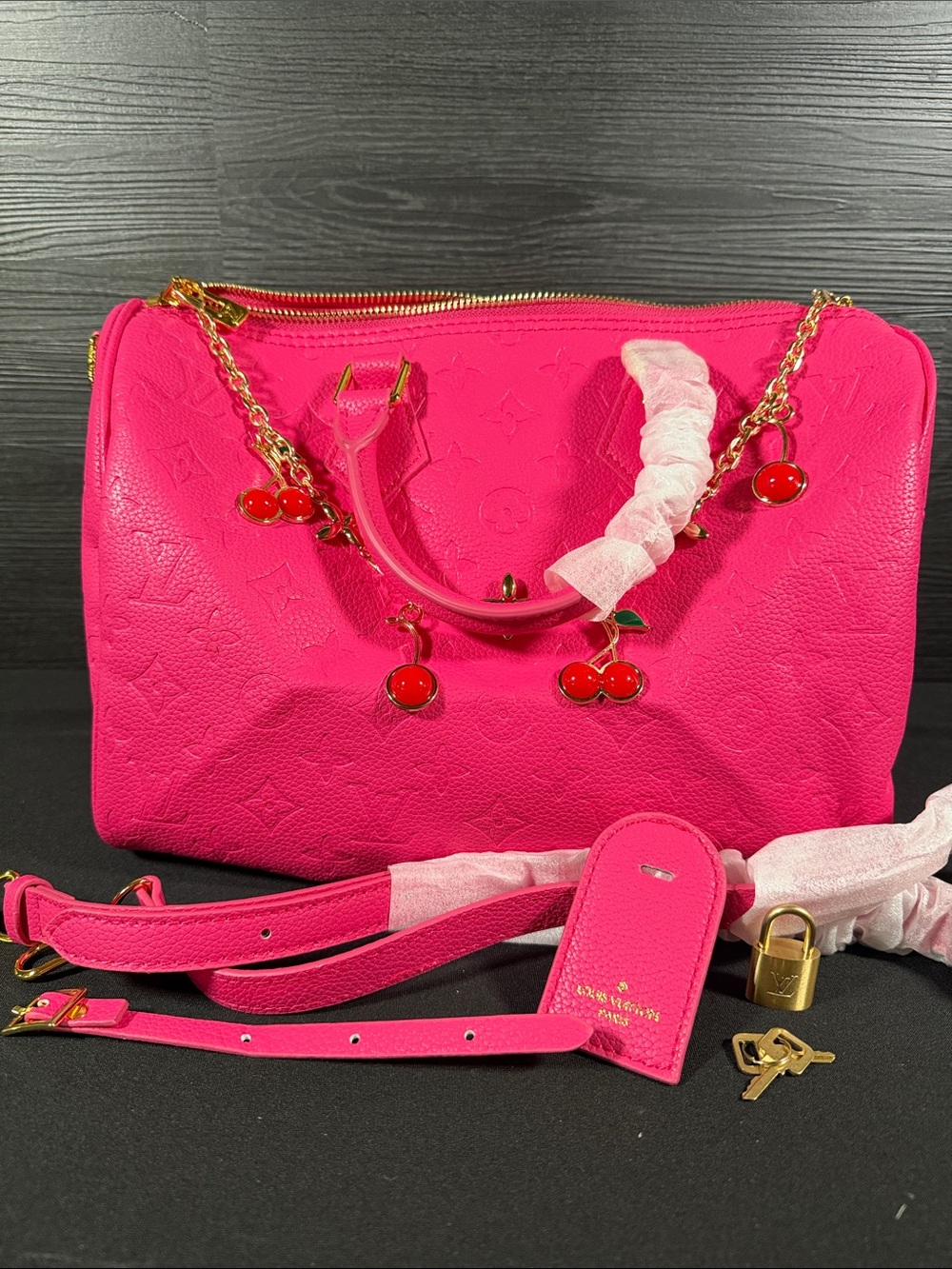 💗Hot Pink Monogram Embossed Satchel Bag with Cherry Charm & Crossbody Strap💗